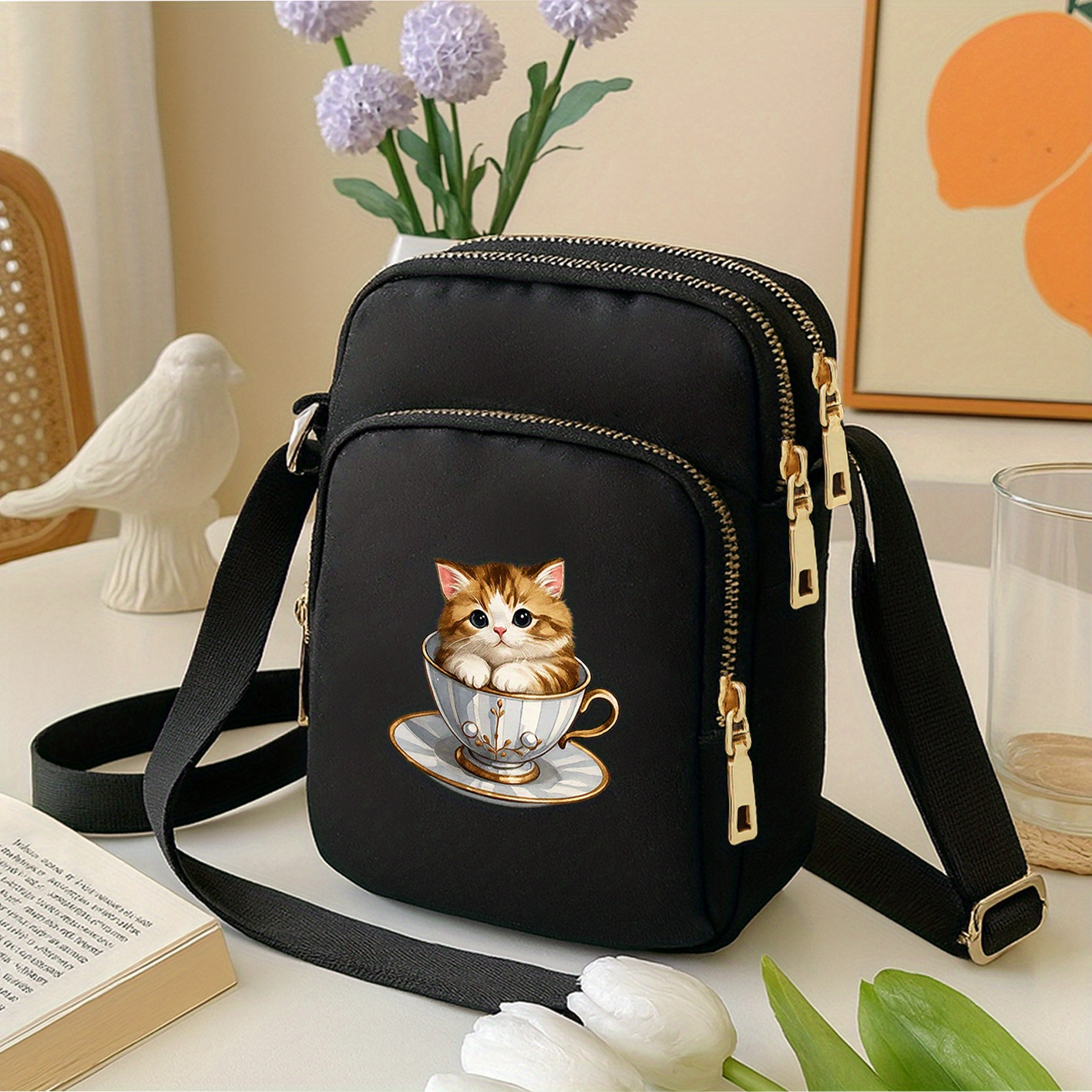 TEMU レディース 子猫のいるカップ型クロスボディバッグ 調節可能なストラップ付き 多機能コンパクトナイロンショルダーポーチ 通学・通勤・お出かけに 開閉 軽量 普段使い ギフトに最適