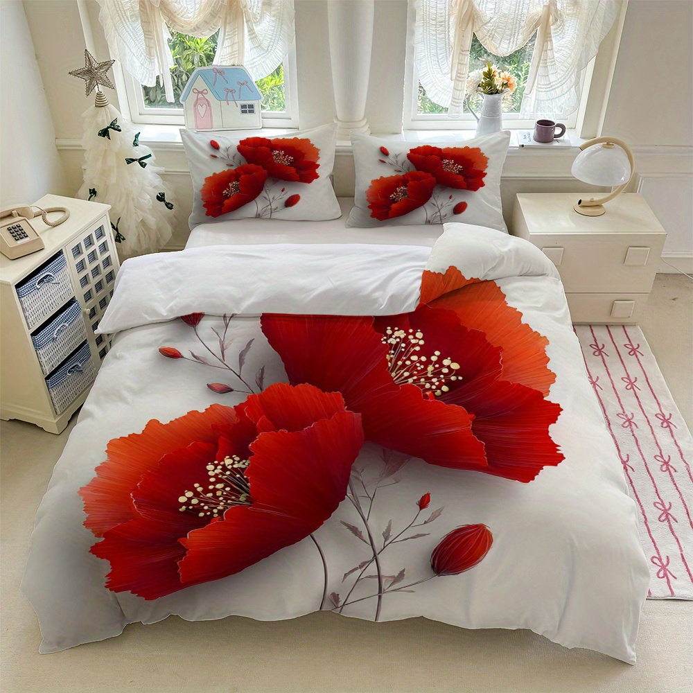 TEMU Ensemble de literie 3 pièces avec des pétales de coquelicot rouge, des étamines et des sur un fond , comprenant 1 housse de couette et 2 taies