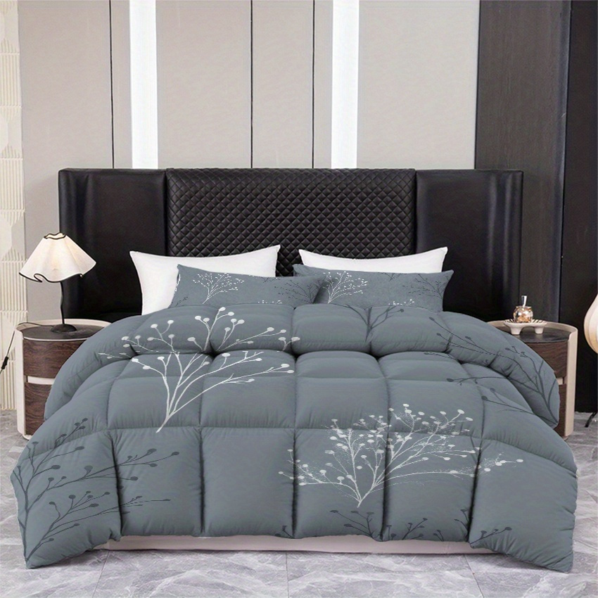 TEMU 3pcs (1 Comforter   2 Pillowcases) Soft Gray Bedding Set With White Branch Pattern, Wrinkle Resistant, , Queen/ King/ Full Size For Bedroom Home