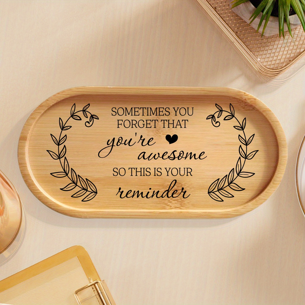 TEMU Inspirational Gift Jewelry Tray, You You Are Awesome, Decorative Bathroom Countertop Tray, Bamboo Toiletry Storage, Suitable For Dressing Table,