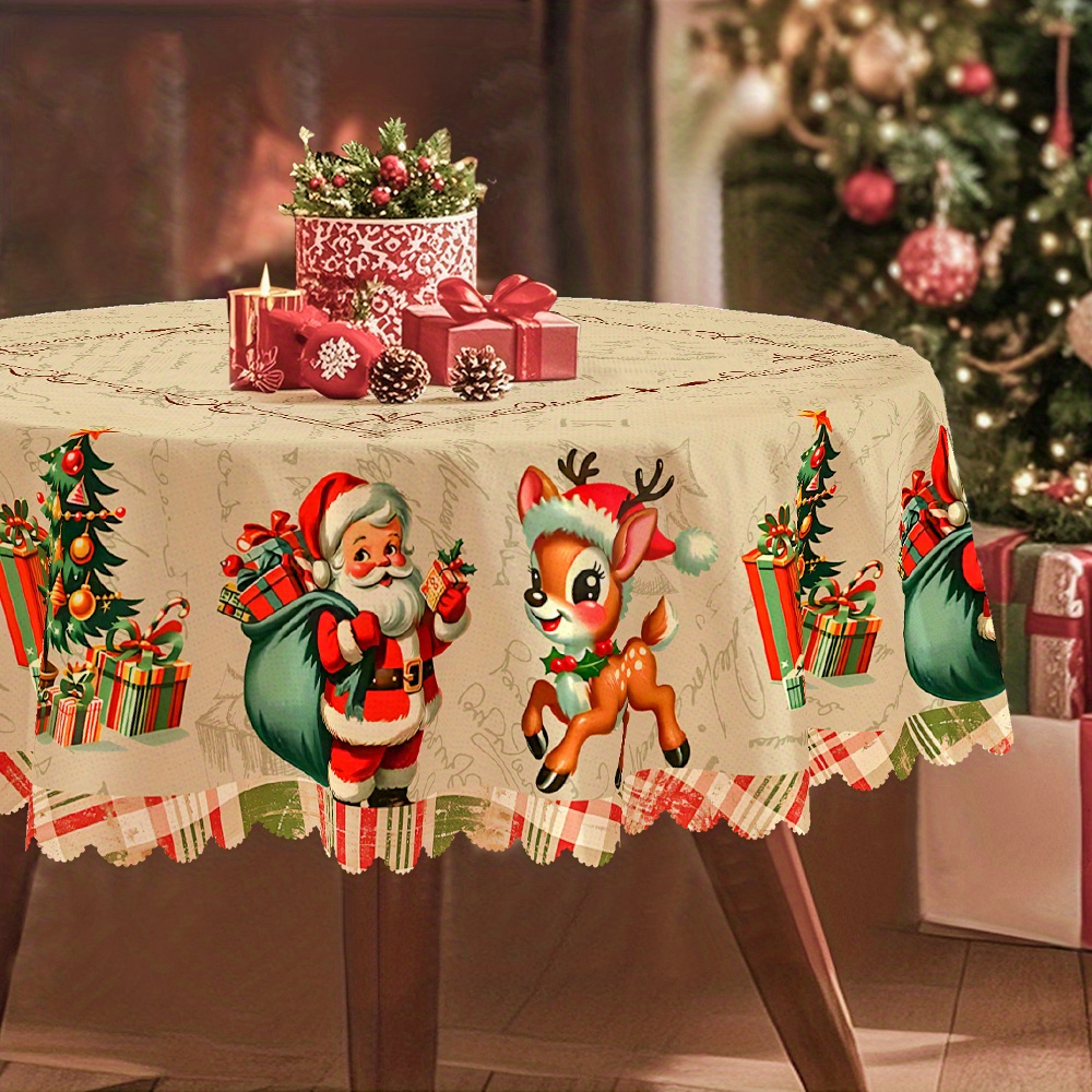 TEMU Christmas And Spring Tablecloths With Red And Green Decorations, Featuring Christmas Stockings And Reindeer. Contemporary Style In Round,