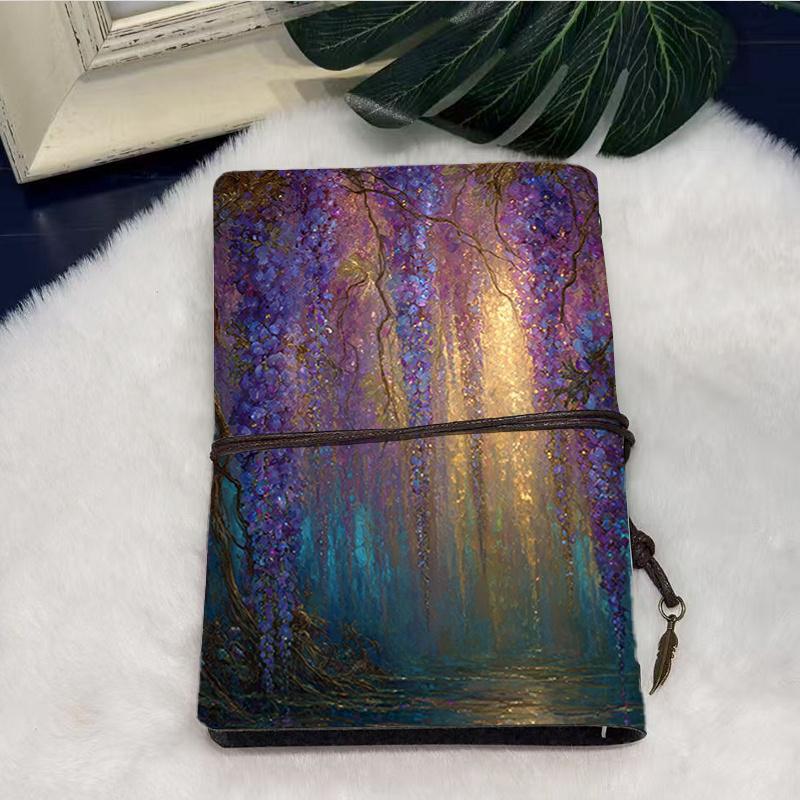 TEMU Handmade A6 Vintage Notebook Tie Closure 160 Pages Removable Birthday Gift For Board Game Pal With Wisteria Flowers, Branches, And On The Cover