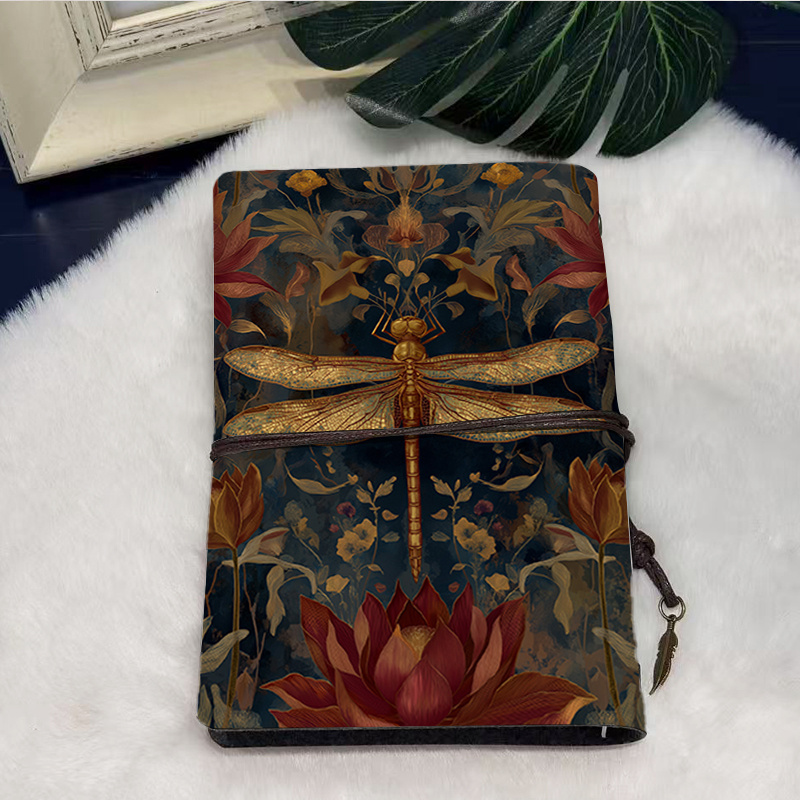 TEMU A6 Vintage a con e Chiusura a Nodo - Elegante Stampa Scura (Libellula, Fiori, Foglie) - 160 Bianche, per Appunti, , Agenda - Regalo per