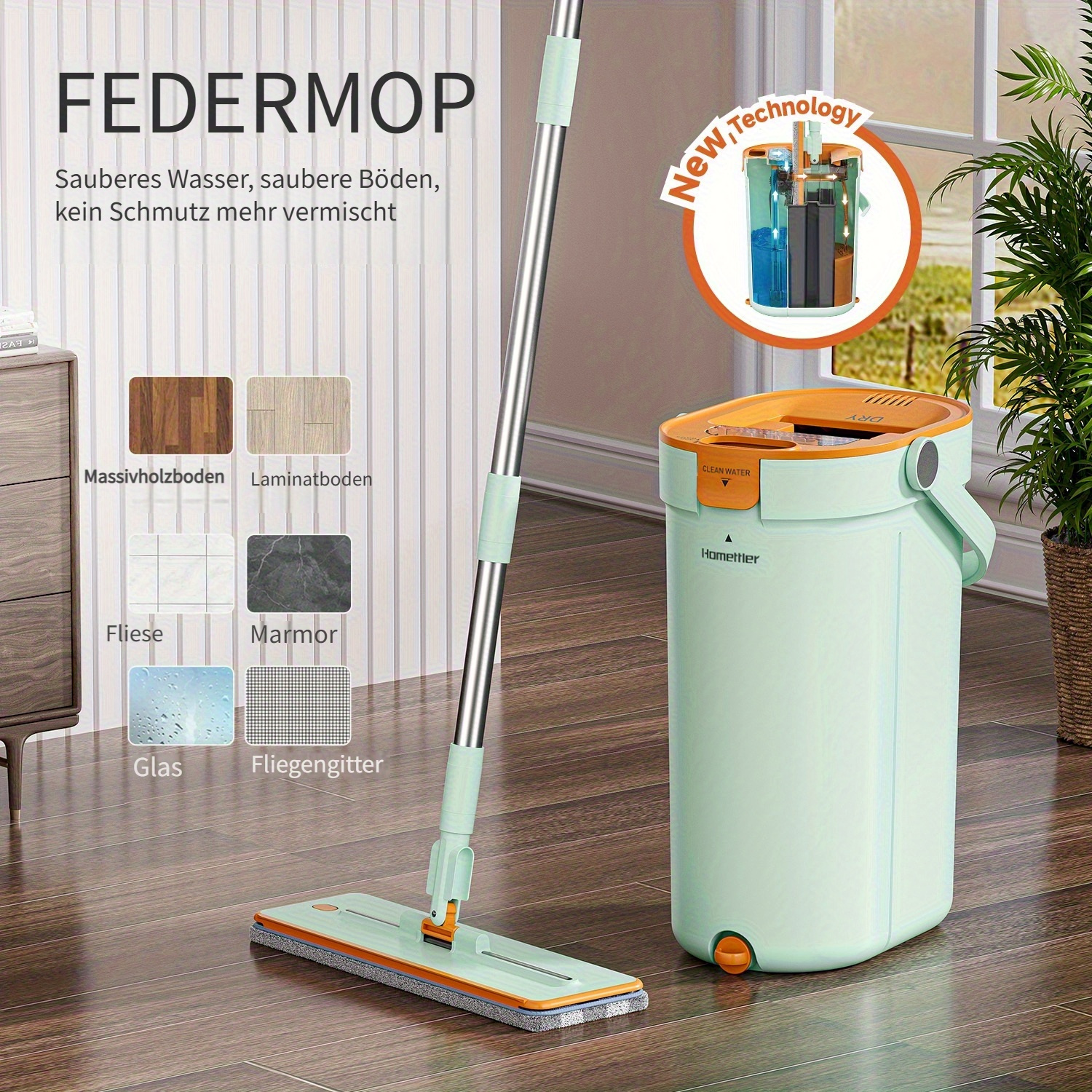 Yocada Zusammenklappbarer Wischmopp-Eimer Mit Auswringer – PP-Kunststoff, 4 Rollen, 41,9x31,8x34,1 Cm – Für Haushalt & Gewerbe