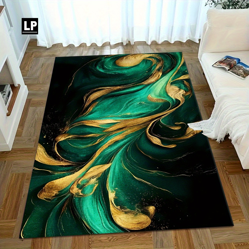 TEMU 850g/ã¡ Velvet Carpet With An Abstract Featuring And Golden Fluid Pattern, Soft And Durable, 7mm Thickness, Non-slip Dot Plastic Backing,