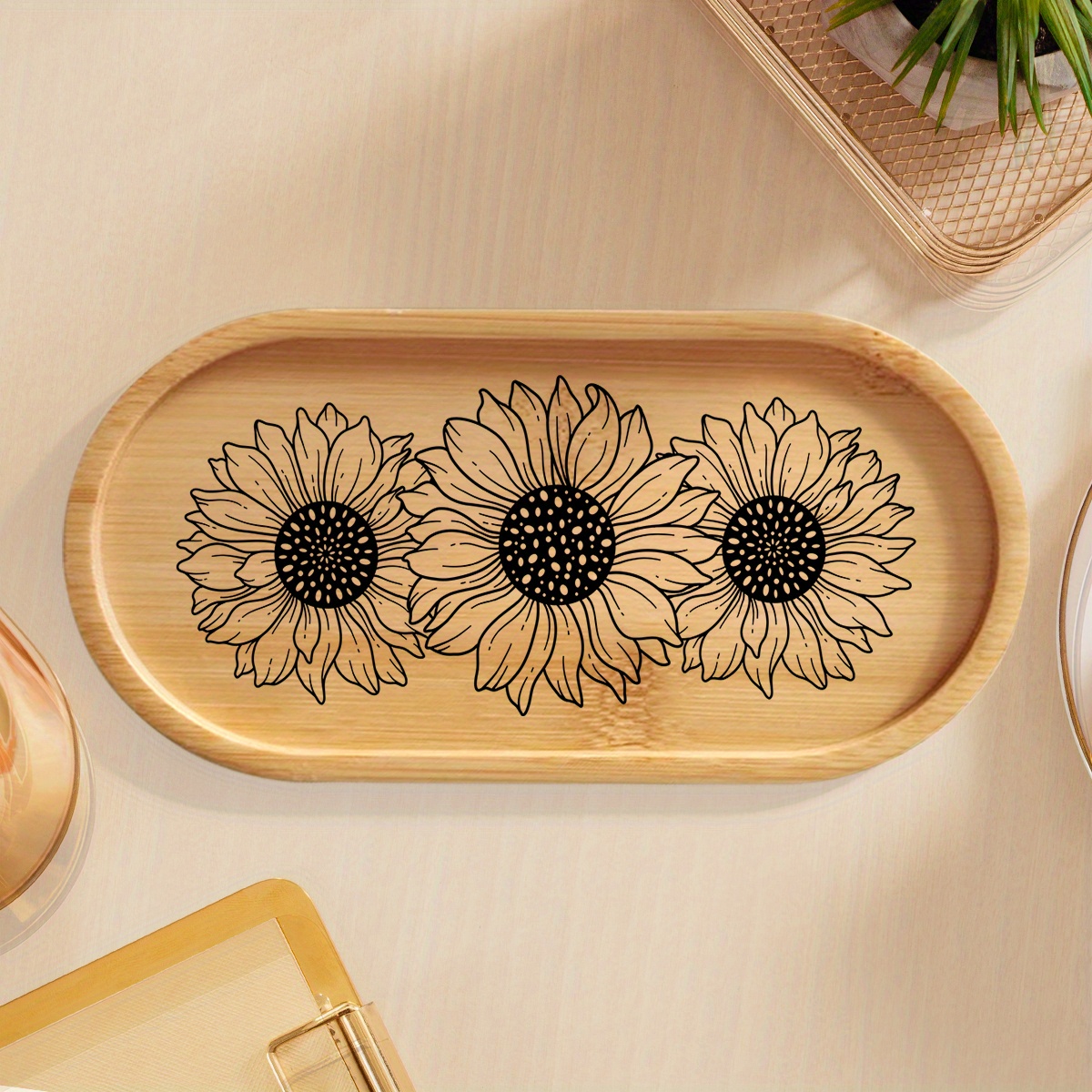 TEMU Easy Sunflower Logo Personalized Jewelry Storage Bamboo Tray, Thanksgiving Home Decoration Bamboo Tray, Suitable For Party Decoration Supplies,