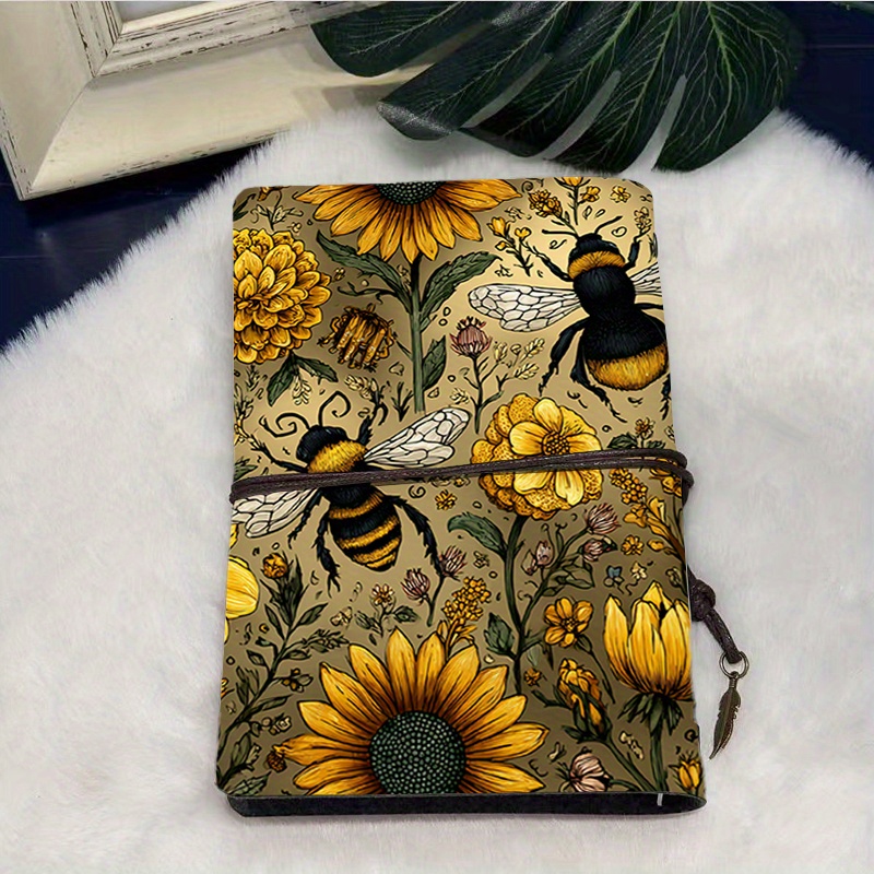 TEMU A6 Handmade Notebook In Vintage Design With A Tie Closure, Featuring 160 Pages Of Removable Paper. Perfect Gift For Family, With A Print Of Bees
