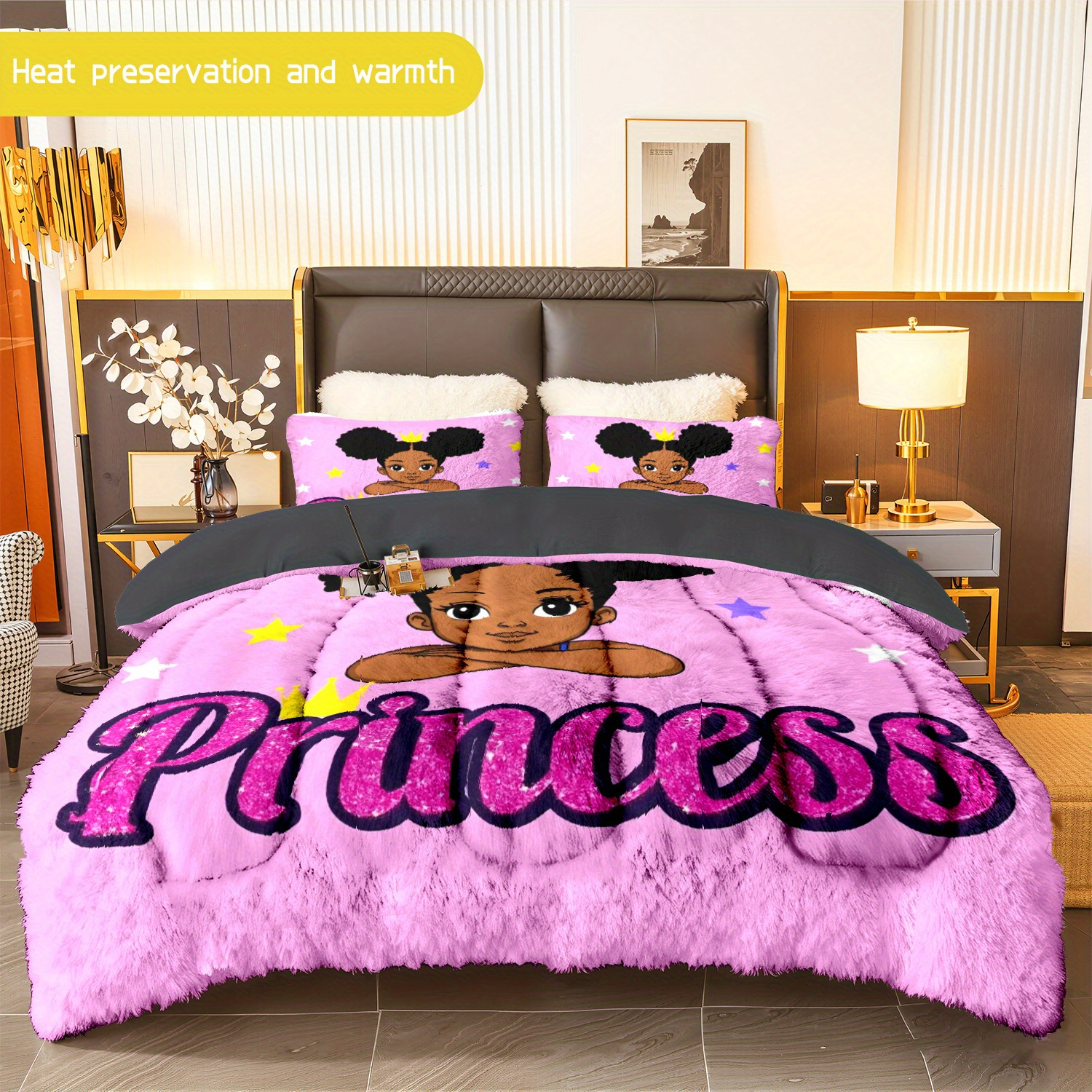 TEMU 3pcs (1 Comforter   2 Pillowcases) Princess - Themed Flannel And Milk Velvet Comforter Set, Soft & Cozy Warm Bedding Set For Adults, Trendy Milk