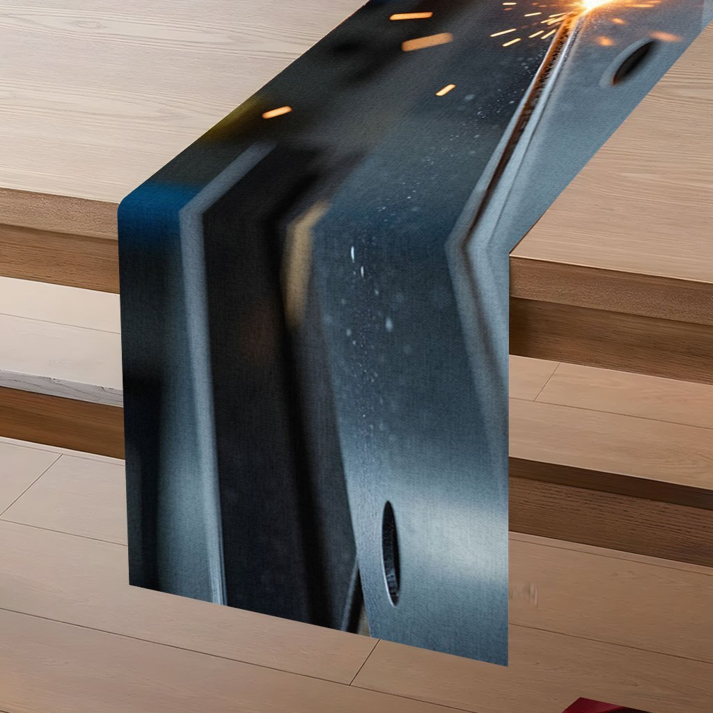 a 2d printed item featuring a   of a metal cutting machine with   a creatively designed romantic table runner aesthetically   rectangular table decor   in sizes 13x48 13x72 13x90 inches