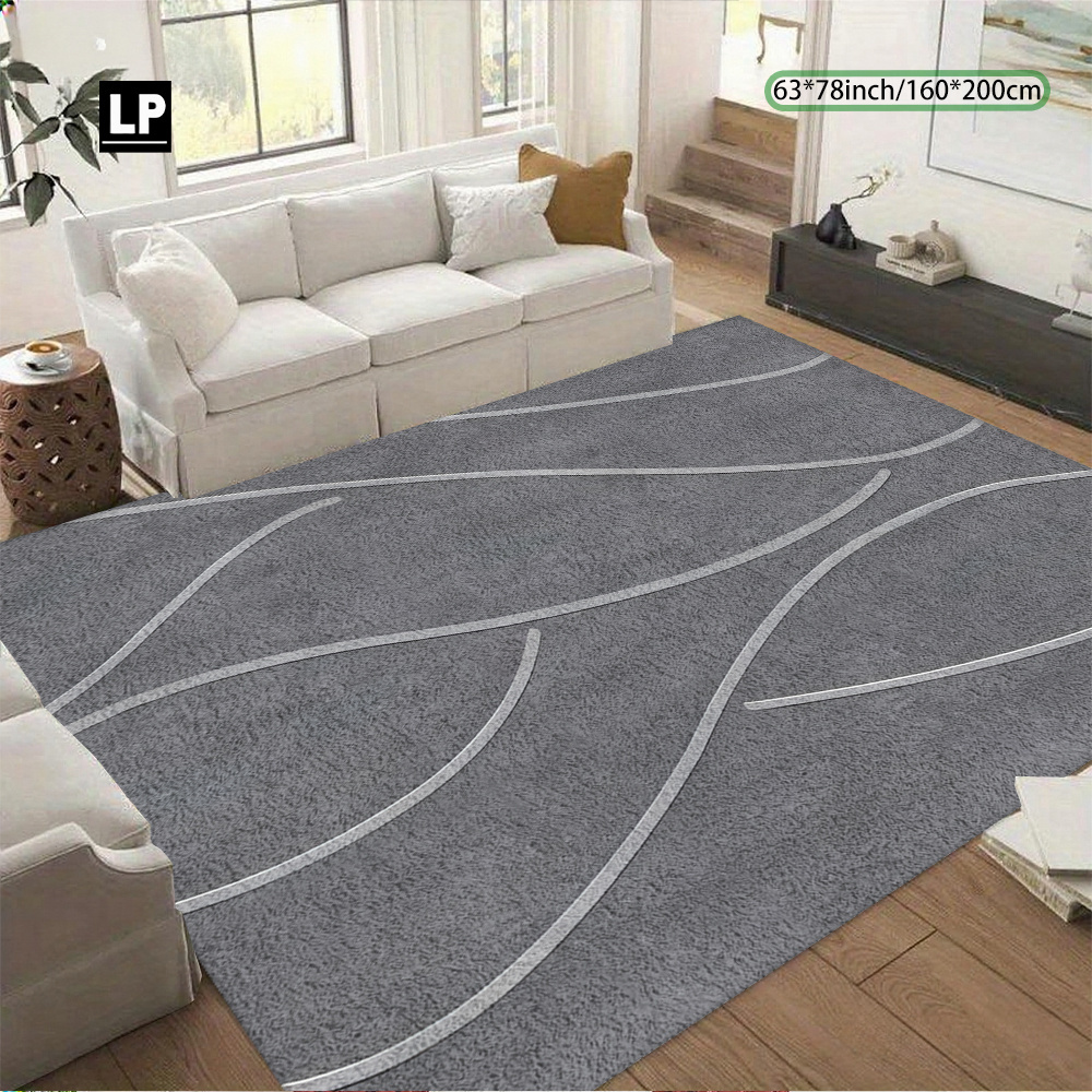 TEMU 850g/ã¡ Velvet Carpet With A Modern Minimalist Curved Pattern, Soft And Durable, 7mm Thickness, Non-slip Dotted Plastic Backing, Double-locked