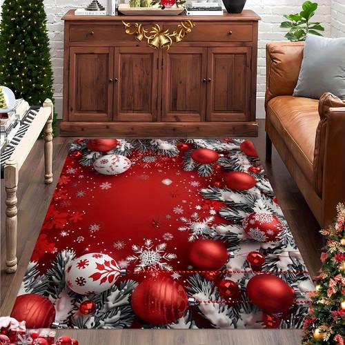 a christmas themed carpet featuring snowflakes leaves and light ball patterns washable and suitable for living rooms coffee tables bedrooms entry mats dining rooms game rooms outdoor patios gardens and courtyards