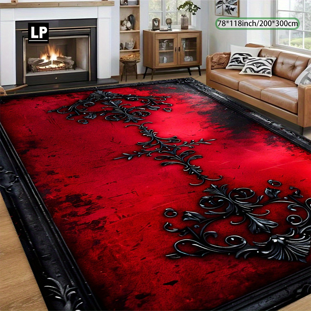 TEMU 850g/㎡ Velvet, Retro Style Red Base Black Pattern, Soft And Durable, 7mm Thickness, Non-slip Dot Plastic Bottom, Edge, Machine Washable, Easy To