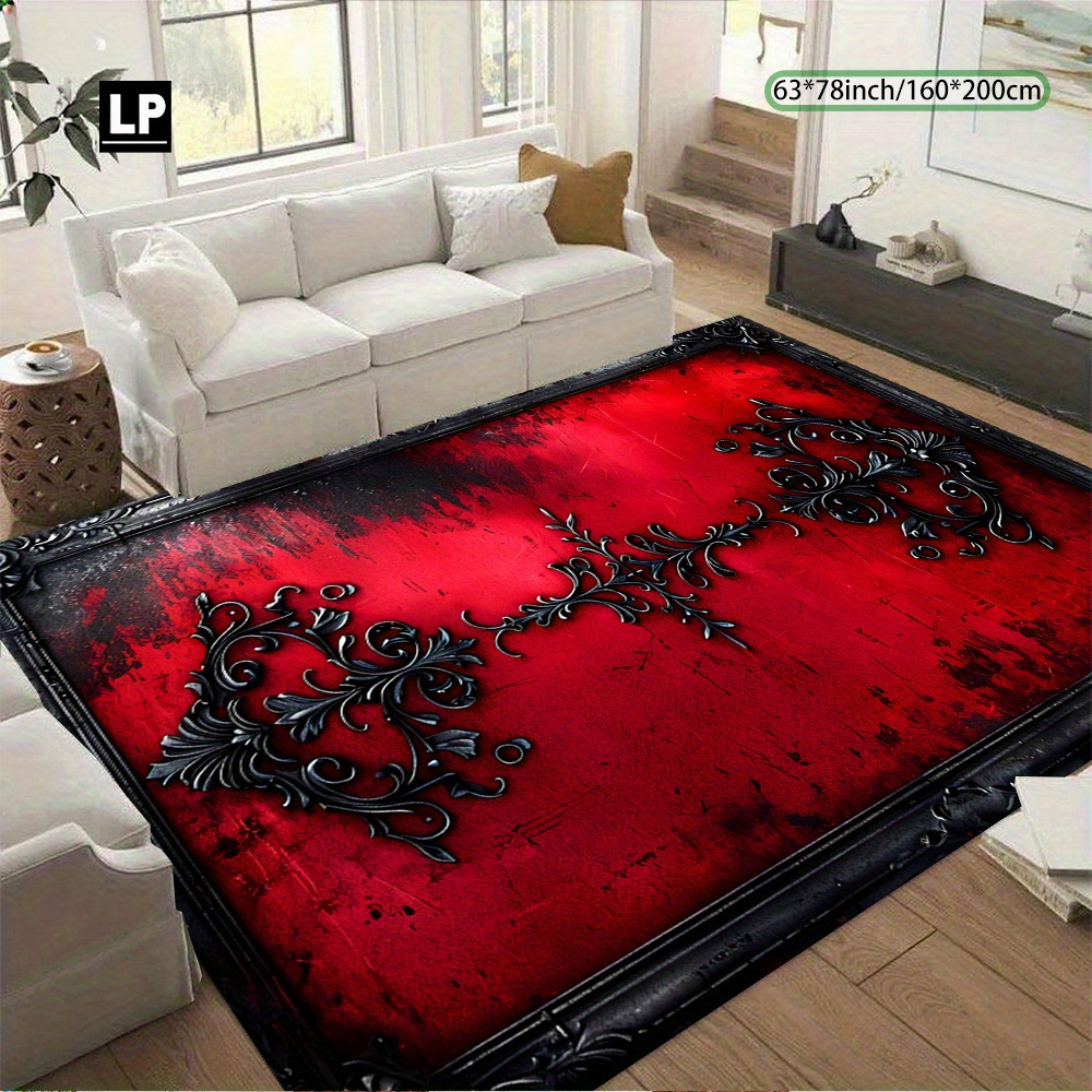 TEMU 850g/ã¡ Velvet, Retro Style Red Base Black Pattern, Soft And Durable, 7mm Thickness, Non-slip Dot Plastic Bottom, Edge, Machine Washable, Easy T