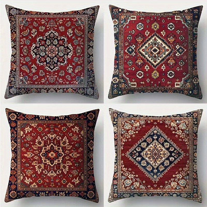 TEMU 4pcs Set, 2d Flat Printing, Vintage Persian Style Red Ethnic Pattern Pillowcase Cushion Cover, Single-sided Print, Polyester Material, Multiple