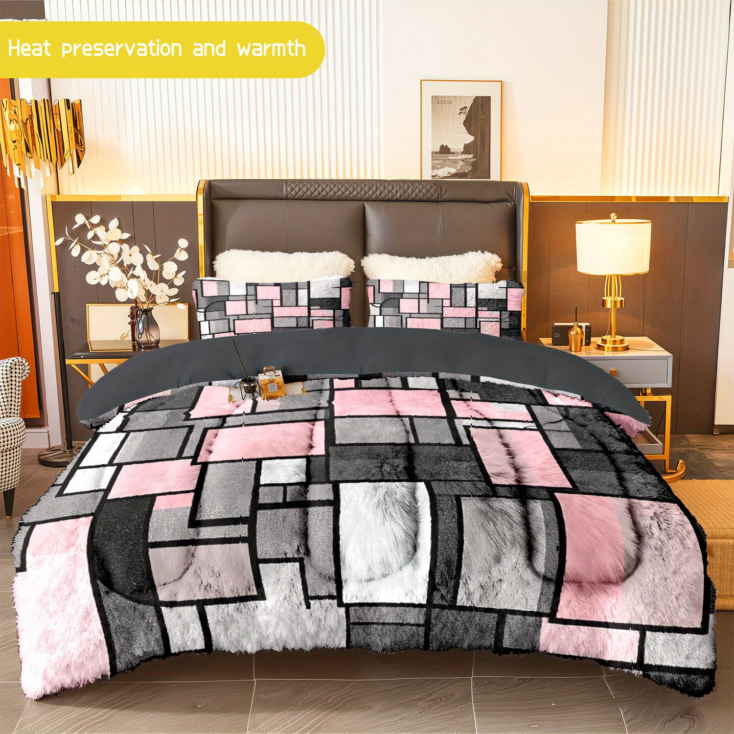 TEMU 3pcs (1 Comforter + 2 Pillowcases) Geometric Pattern Flannel & Milk Velvet Comforter Set, Soft Warm Cozy For Adults, Trendy Milk Velvet Bedding