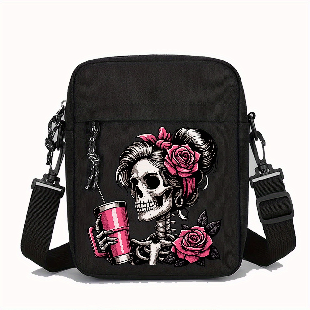 E-shop Damen-Umhängetasche mit Totenkopf- Rosenmuster, Damen-Schultertasche, Unisex-Pendlertasche mit verstellbarem Schultergurt, mehreren Fächern