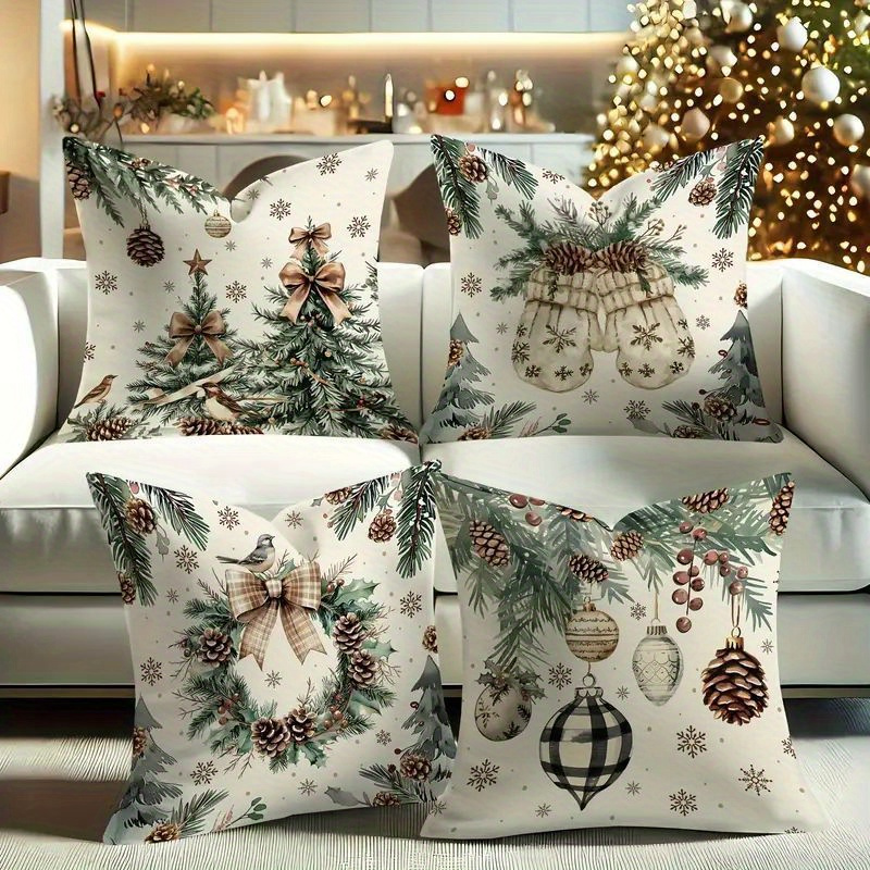 TEMU 2d Flat - Set Of 4, 2d Flat Printing, Christmas-themed Pillow Covers, Fully Festive Atmosphere, Single-sided Printing, Made Of Polyester, In