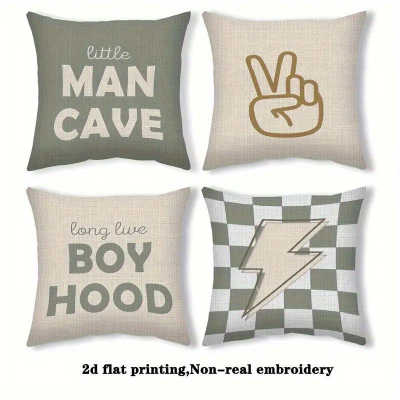 TEMU 2D Plat - Set van 4, 2D Plat Printen, Wereld Gebaar , Boyhood Bliksem Geruit Kussensloop, Enkelzijdige Print, Gemaakt van Polyester, Beschikbaar