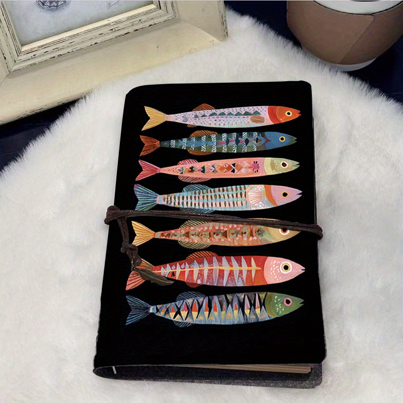 TEMU Handmade A6 Notebook - 80 Sheets With Metal Binder & Vintage Tether Closure, -inspired Multicolor Fish Scale Pattern (koi-like) On Black Cover -