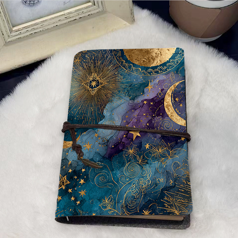 TEMU Handmade Vintage A6 Notebook Tie Closure And Pendant 80 Sheets Perfect Gift For Warehouse Supervisors With Stars, , Sun, Clouds, Pattern