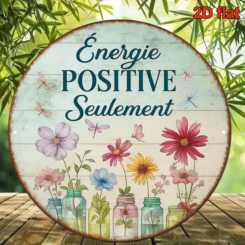 TEMU Plaque Murale Énergie Positive Vintage Française 2D Plate, 1pc - Panneau Rond en Aluminium Français de 8 pouces avec Floraux et "Énergie