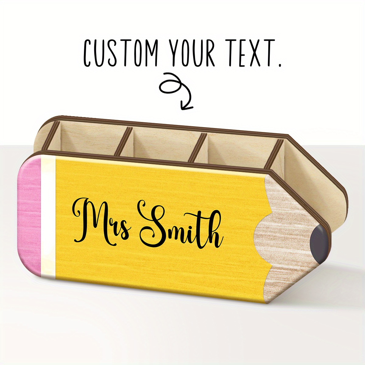 TEMU 1-pack Pencil-shaped Pen Holder - Customizable With Name/text, Wooden Desktop Organizer, Suitable For Pens, Pencils, Markers - Teacher's