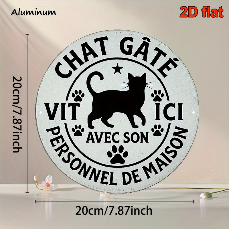 TEMU 1pc, 20.32x20.32cm Round French Aluminum Sign, "cat In French" Vintage Decorative Plaque, Cat House Decor, Suitable For Decorating Living Rooms,