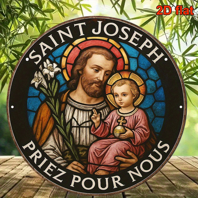 TEMU 2d Flat, 1pc Saint Joseph Medal Wall Plaque - Retro French Catholic Ornate Sign Suitable For Church Office Decor, Stained Religious Medal, Gift