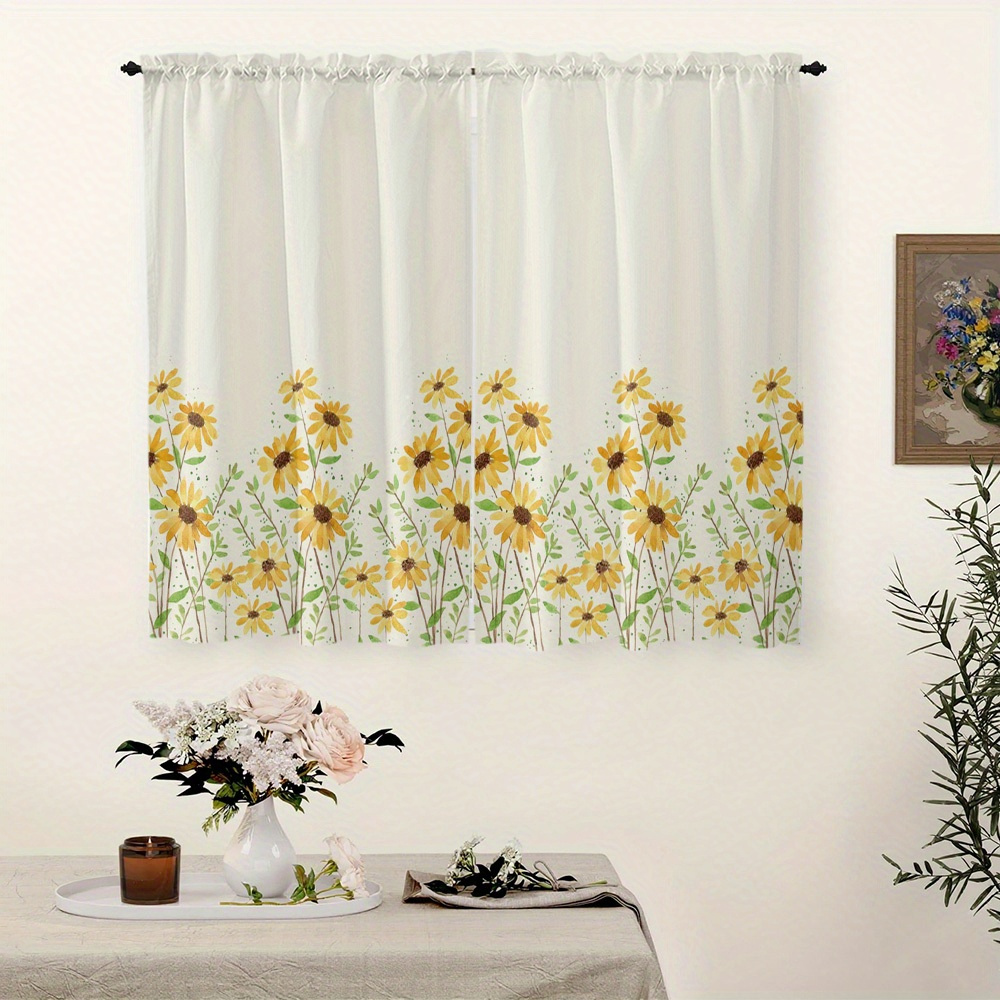 TEMU 2pcs Nordic Style Fresh Watercolor Sunflower Pattern Small Curtains, Decor Rod Pocket Mini Curtains, Suitable For Kitchen, Bedroom, Living Room,