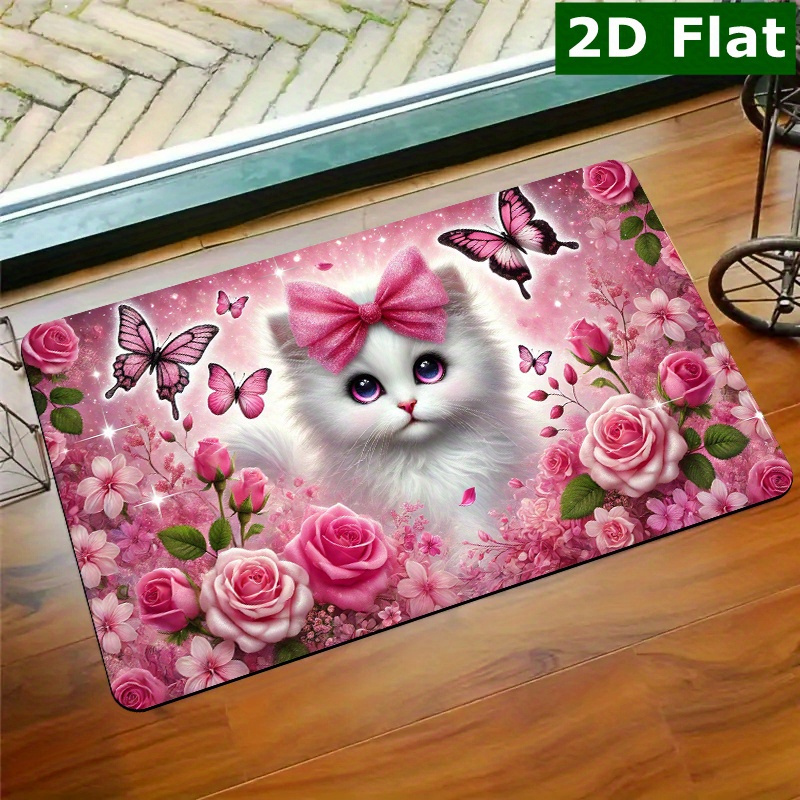 TEMU 1 Rectangular Doormat Featuring A Pink Cat With Butterflies And Flowers, Designed To Welcome Guests. Non-slip And Easy To Clean, Making It Ideal
