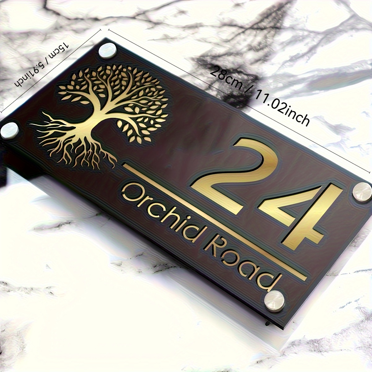TEMU [2d Flat] Custom Acrylic Door Sign - Tree Of , Featuring "98", Personalized Address And Name Engraving, 3d Font, In /golden, Wall-mounted