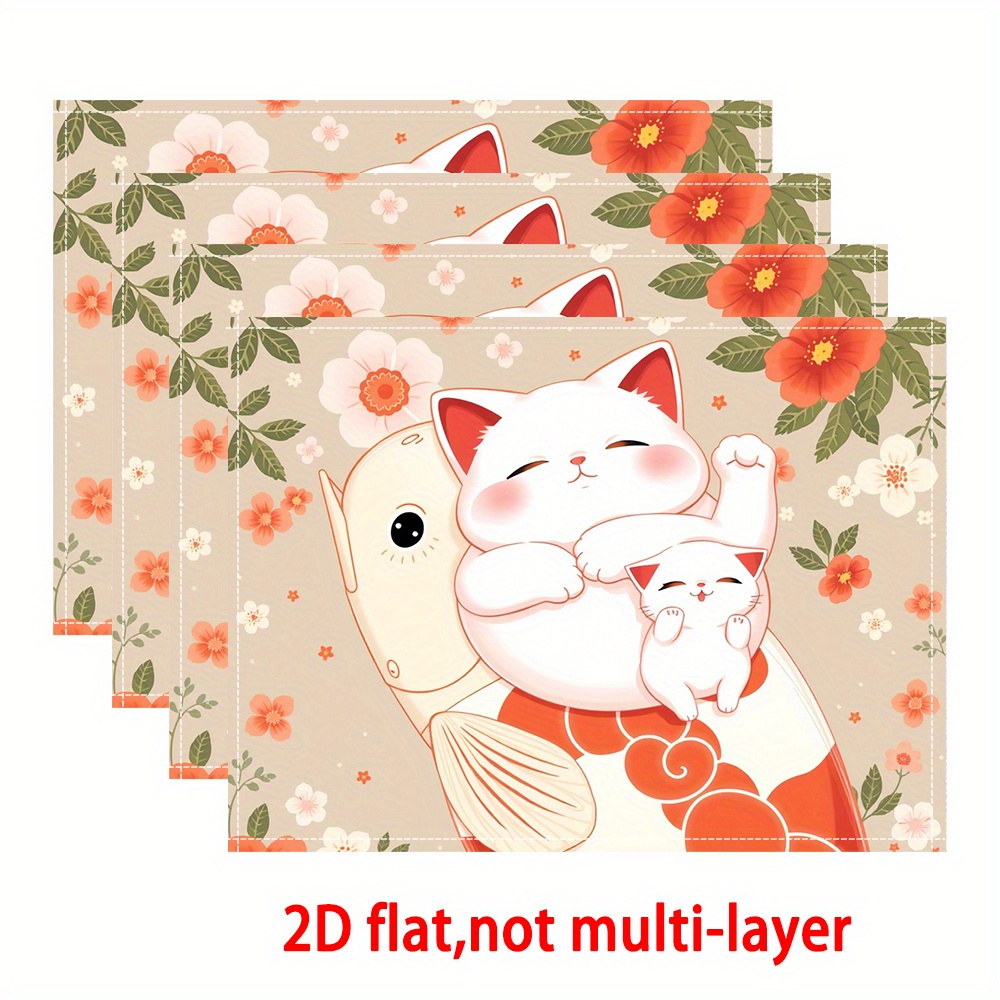 Anime Inspired 2d Flat Placemats Cute White Cat And Goldfish Design_voghion.com