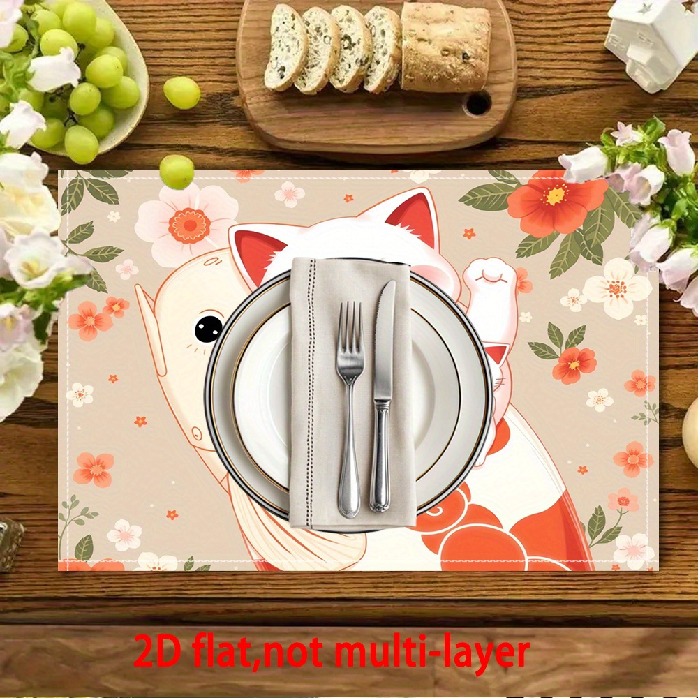 Anime Inspired 2d Flat Placemats Cute White Cat And Goldfish Design_voghion.com
