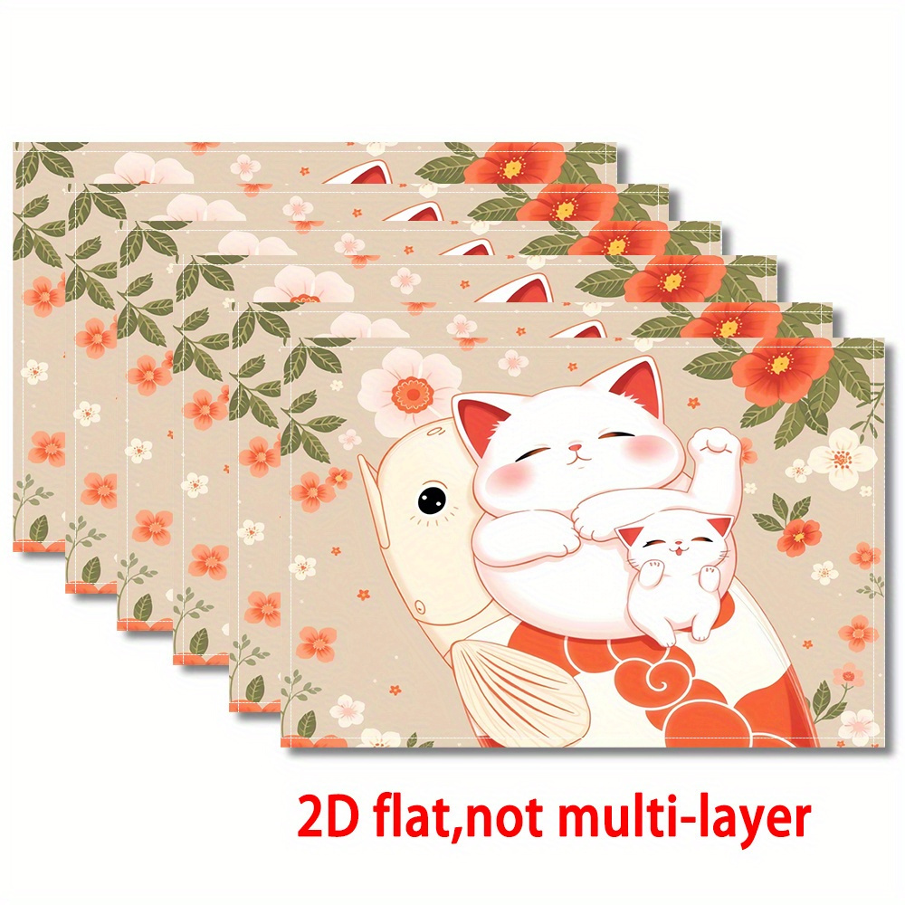 Anime Inspired 2d Flat Placemats Cute White Cat And Goldfish Design_voghion.com