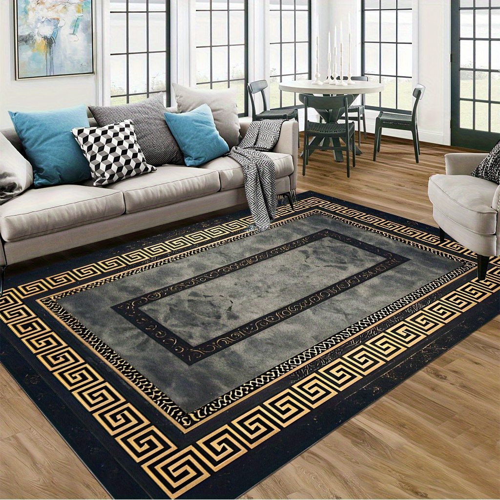 TEMU Velvet 850g/mÂ², Oversized Luxurious Soft Thick Rectangular Polyester Area Rug, Featuring A Vintage Greek Key Pattern In Black, Gray, And Golden.