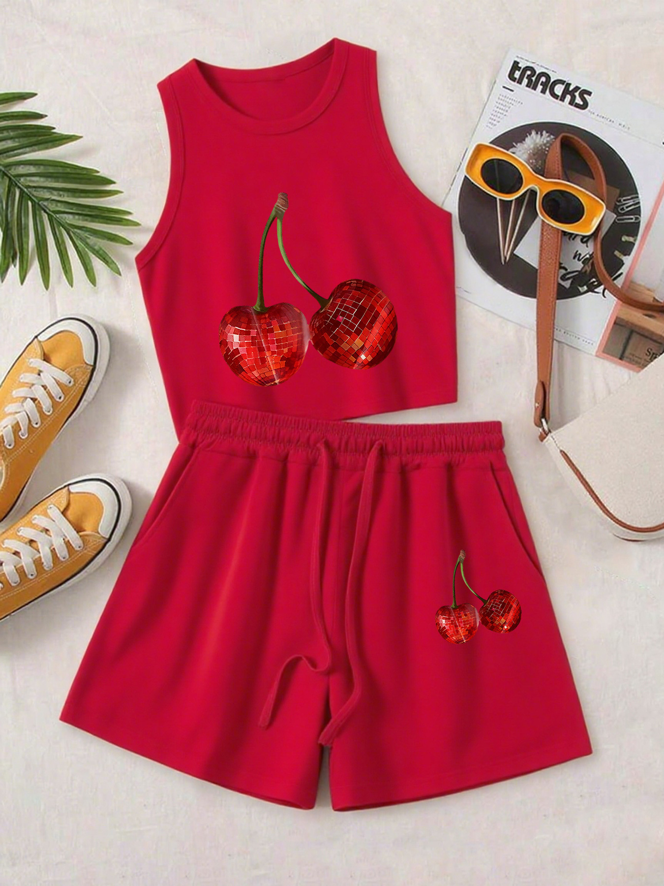 casual outfit with slanted pockets a printed two piece set featuring a sleeveless top and loose shorts designed for women details 27