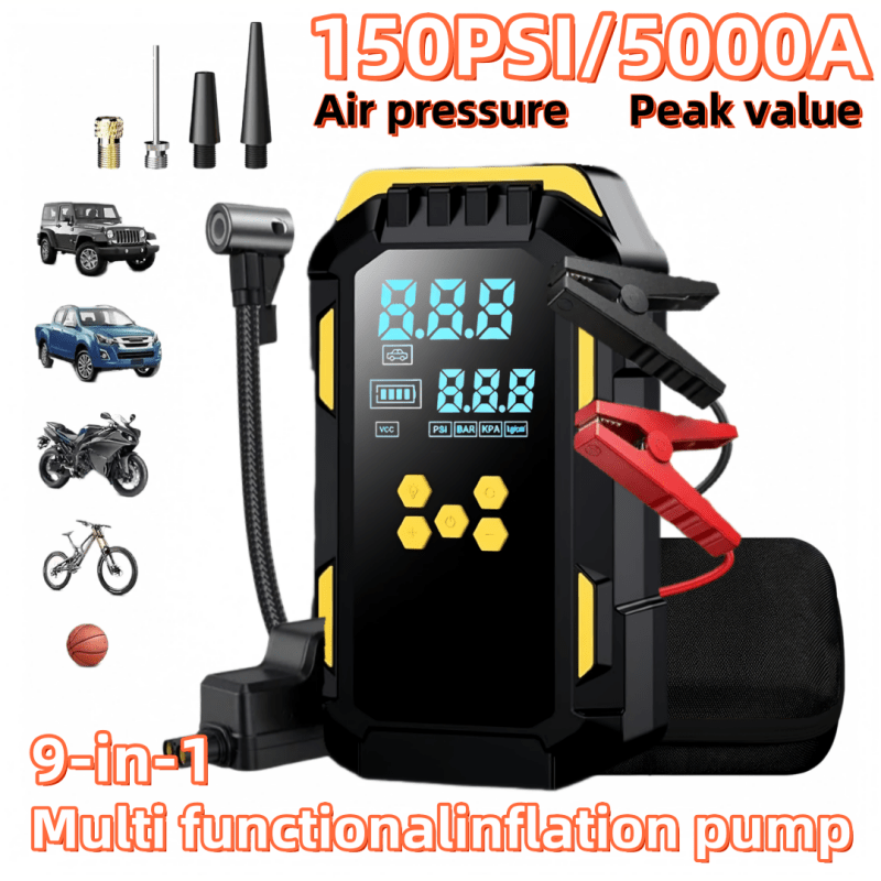 9 in 1 multifunctional heavy duty car battery booster jump starter 150psi air compressor usb rechargeable with lcd pressure display for engine start and tire inflation 5000a 12v suitable for 9l gasoline 8l diesel engines   jumper cables 3   lighting home use or mechanic commercial pump kit Product details 7
