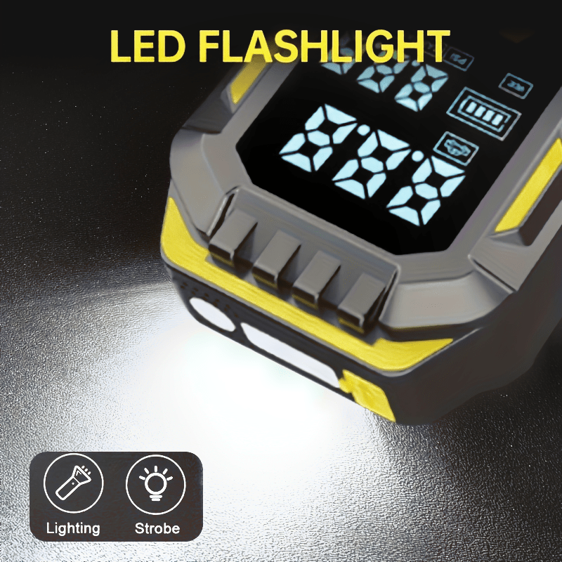 9 in 1 multifunctional heavy duty car battery booster jump starter 150psi air compressor usb rechargeable with lcd pressure display for engine start and tire inflation 5000a 12v suitable for 9l gasoline 8l diesel engines   jumper cables 3   lighting home use or mechanic commercial pump kit Product details 4