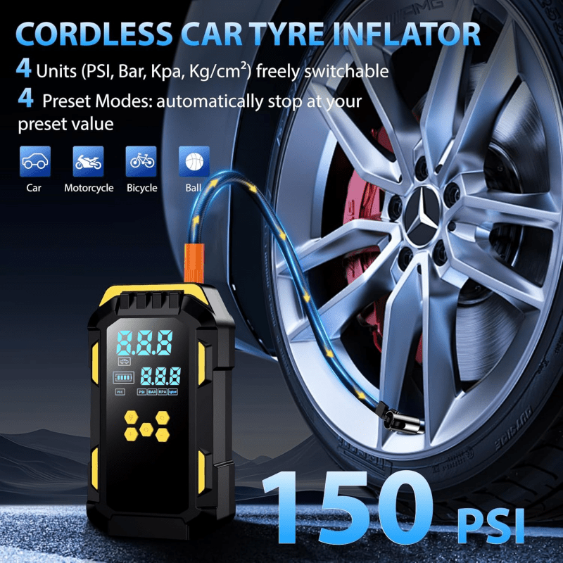 9 in 1 multifunctional heavy duty car battery booster jump starter 150psi air compressor usb rechargeable with lcd pressure display for engine start and tire inflation 5000a 12v suitable for 9l gasoline 8l diesel engines   jumper cables 3   lighting home use or mechanic commercial pump kit Product details 1