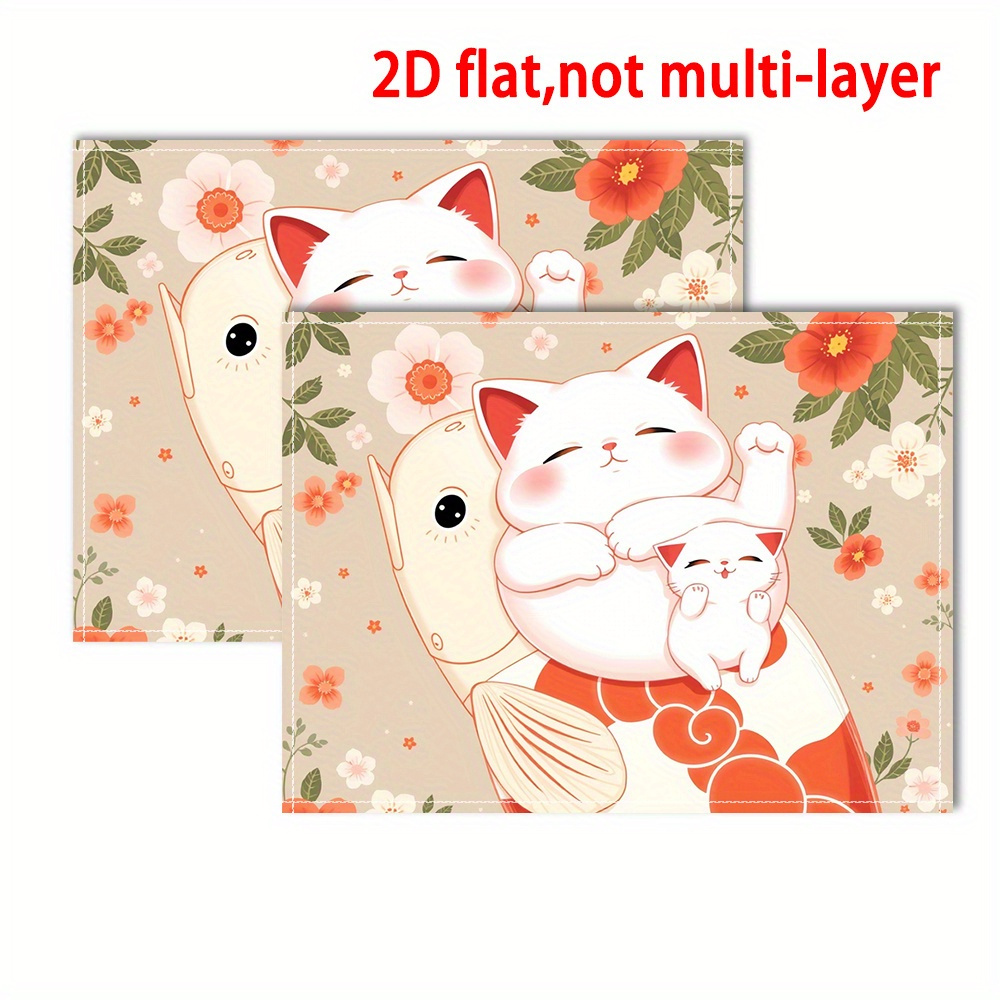 Anime Inspired 2d Flat Placemats Cute White Cat And Goldfish Design_voghion.com