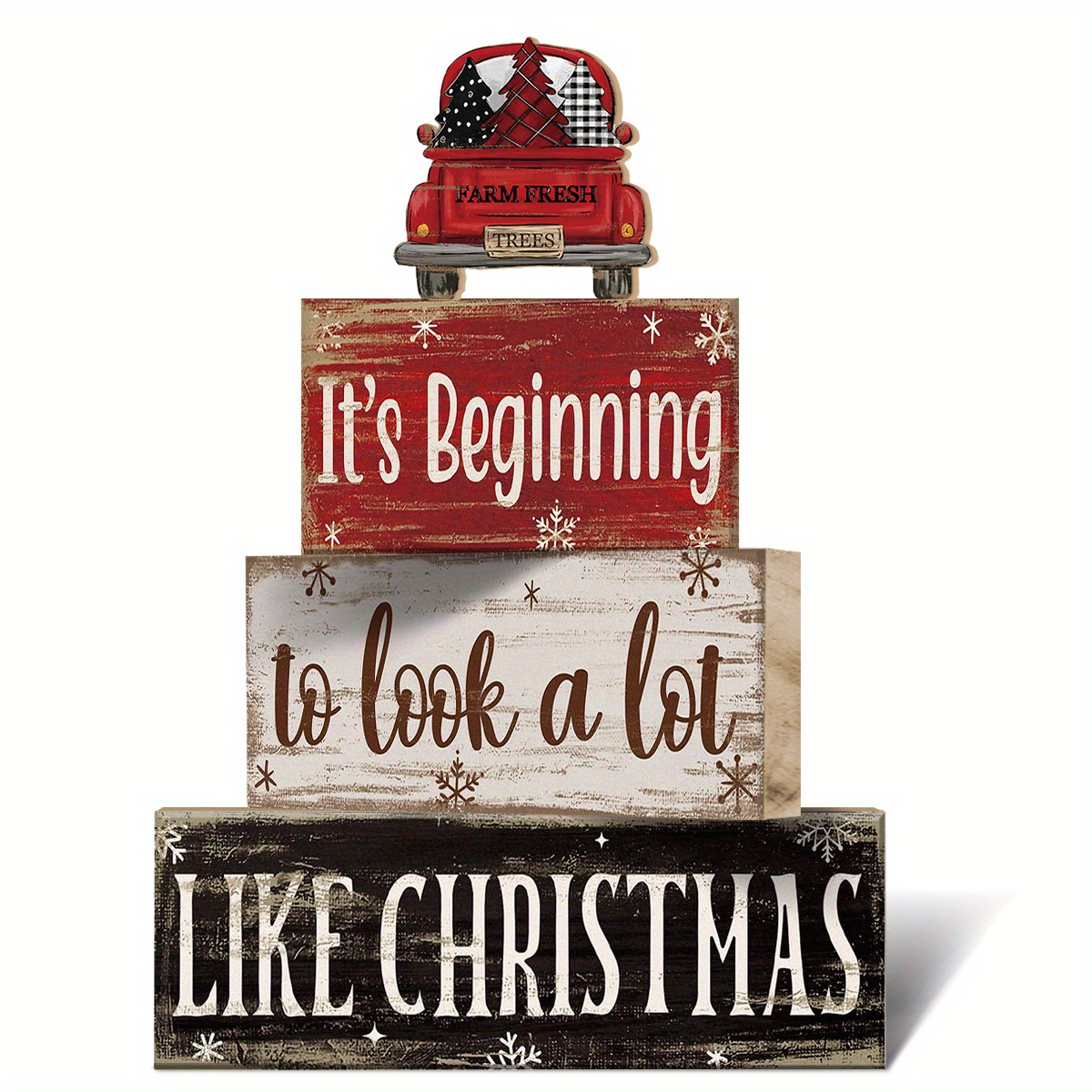 Image of 4pcs Christmas Truck Wooden Tiered Tray Decor, Table Centerpiece Rustic Decorative Block Signs For Home Farmhouse, Holiday Party Decor, Gift For Dad