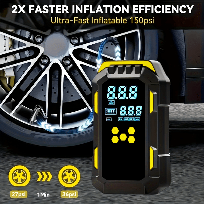 9 in 1 multifunctional heavy duty car battery booster jump starter 150psi air compressor usb rechargeable with lcd pressure display for engine start and tire inflation 5000a 12v suitable for 9l gasoline 8l diesel engines   jumper cables 3   lighting home use or mechanic commercial pump kit Product details 2