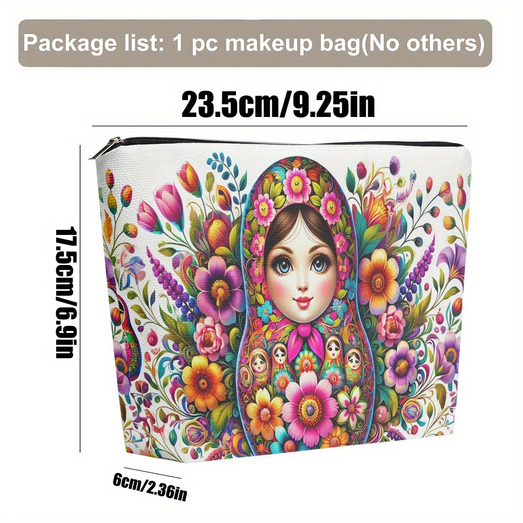 Makeup Bag 1pc, Colourful Dolls And Flowers Linen Cosmetic Bag, Foldable & Portable Toiletry Bag Use, Zipper Closure, Gift For Holiday, , Christmas, Birthdays, Graduations, Travel Storage/daily For