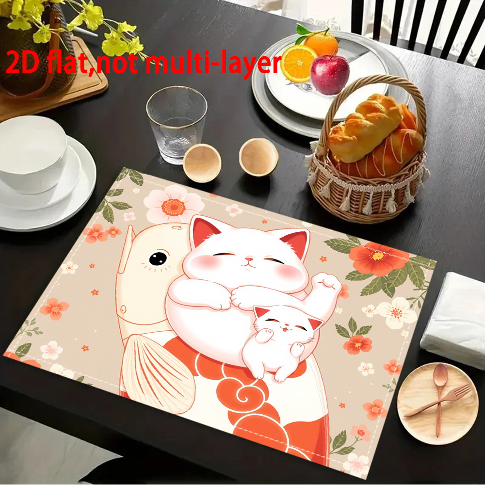 Anime Inspired 2d Flat Placemats Cute White Cat And Goldfish Design_voghion.com