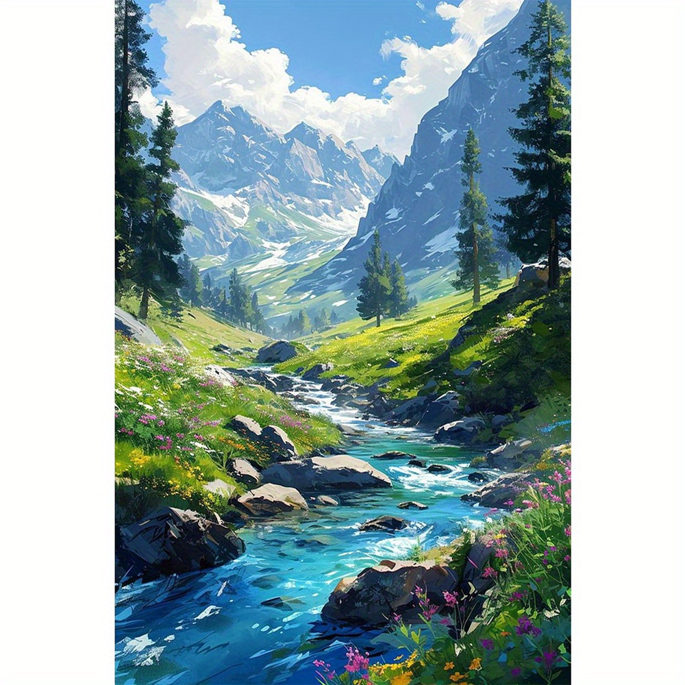 TEMU Kit de Peinture par Numéros Montagne 2D Plat, Affiches et pour Débutants - Art Mural sur Toile Vintage Cadre, Décoration de Paysage Imprimé pour