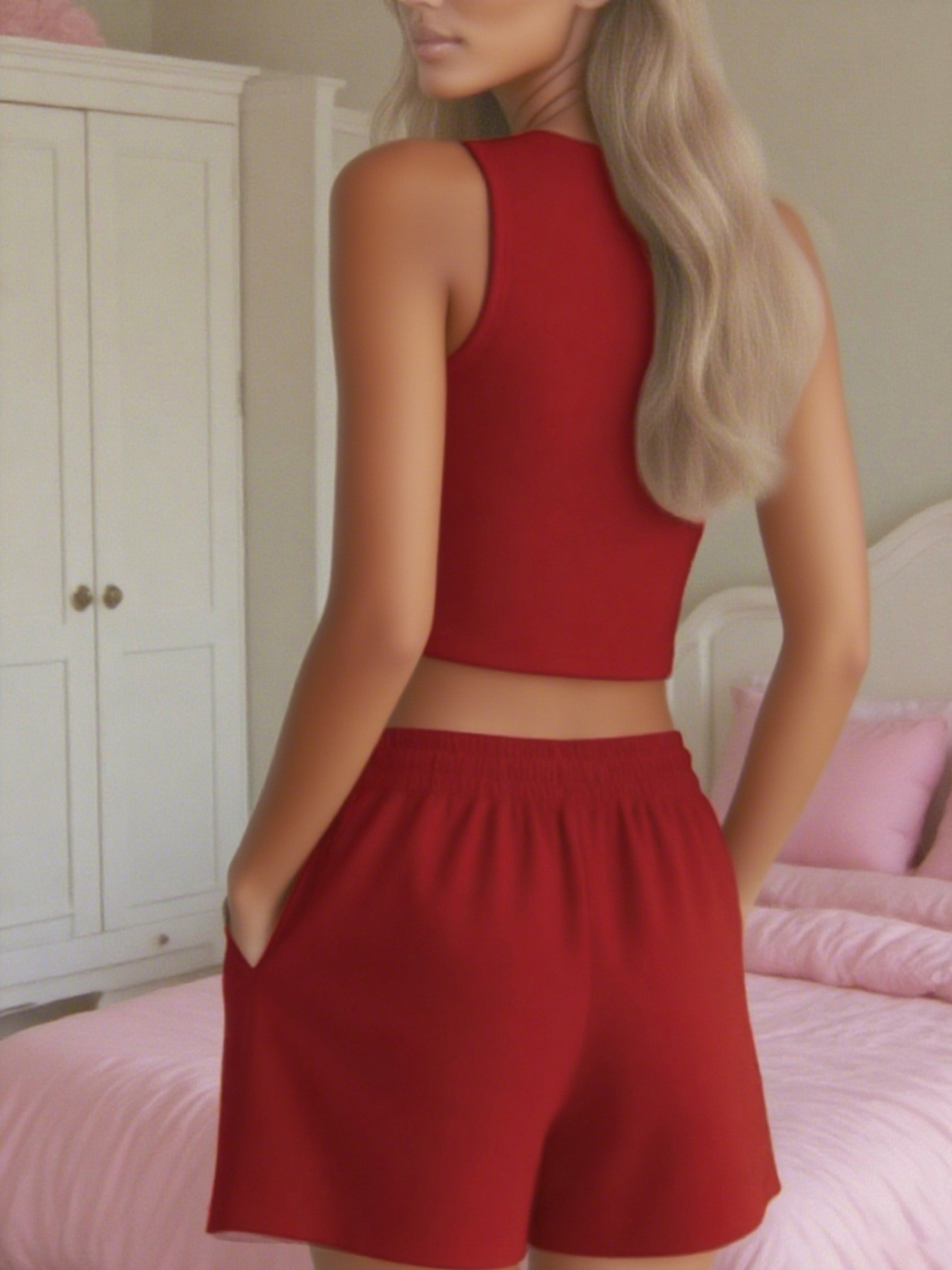 casual outfit with slanted pockets a printed two piece set featuring a sleeveless top and loose shorts designed for women details 24