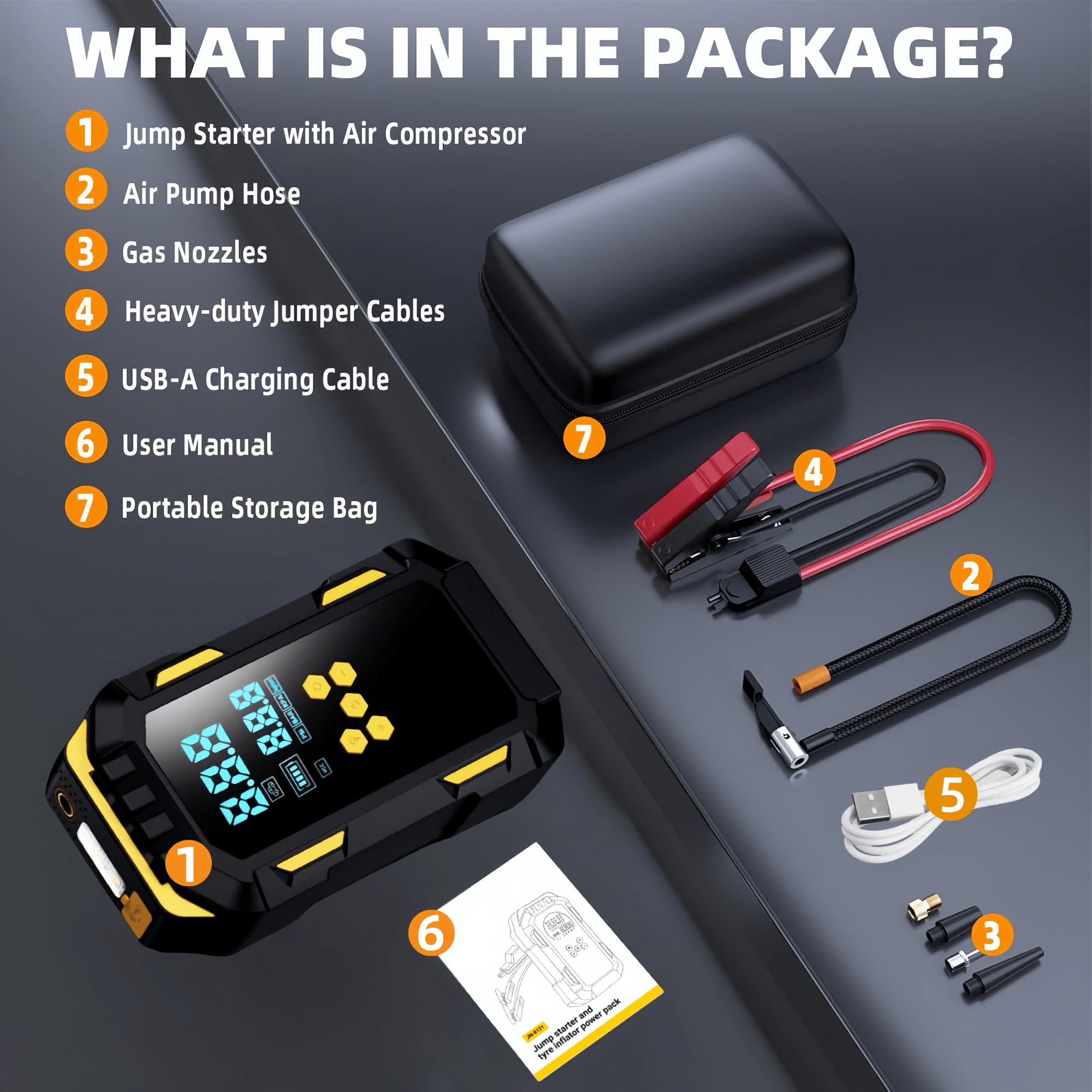 9 in 1 multifunctional heavy duty car battery booster jump starter 150psi air compressor usb rechargeable with lcd pressure display for engine start and tire inflation 5000a 12v suitable for 9l gasoline 8l diesel engines   jumper cables 3   lighting home use or mechanic commercial pump kit Product details 8