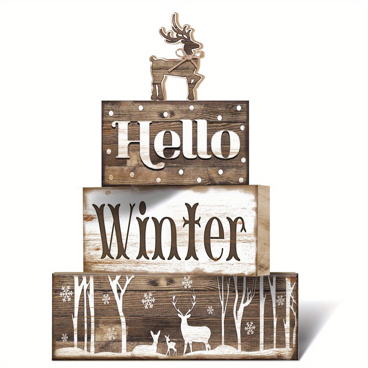 Image of 4pcs Reindeer Wooden Tiered Tray Decor, Christmas Table Centerpiece Rustic Decorative Block Signs For Home, Winter Xmas Holiday Decor, Gift For Family
