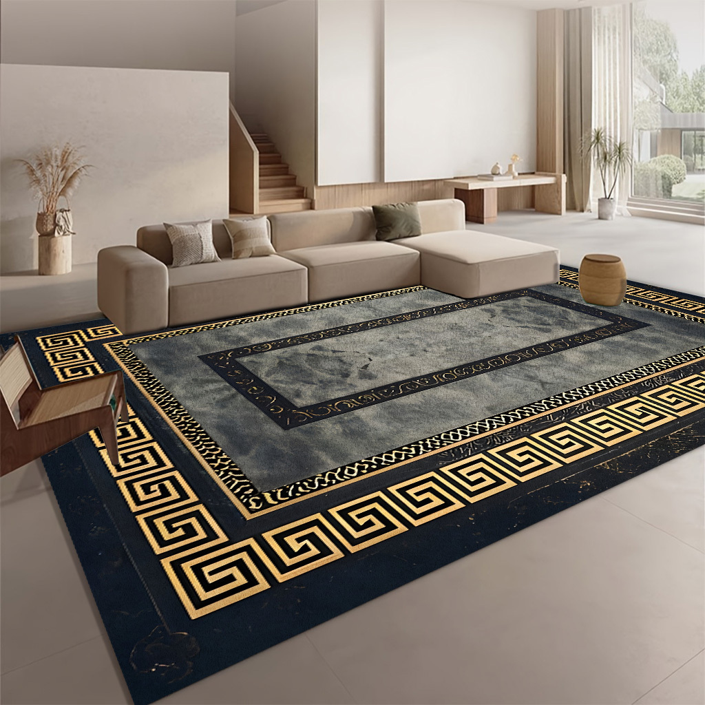 TEMU Velvet 850g/m², Oversized Luxurious Soft Thick Rectangular Polyester Area Rug, Featuring A Vintage Greek Key Pattern In Black, Gray, And Golden.