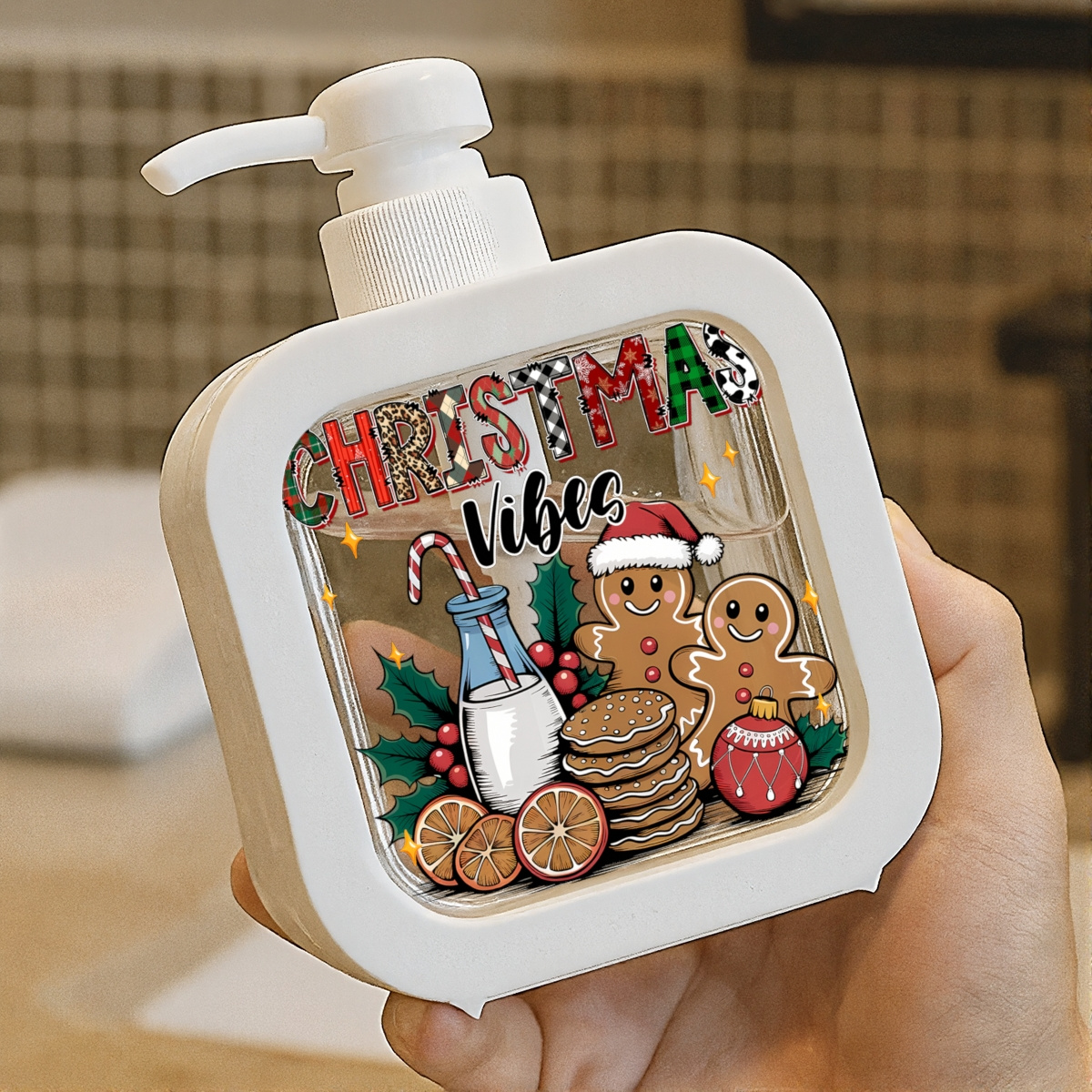 TEMU 1pc Pump Bottles Refillable Shampoo Bottle Dispenser Hand Pressure Makeup Pump Liquid Soap Dispenser Christmas Vibes Pattern Detergent Hand